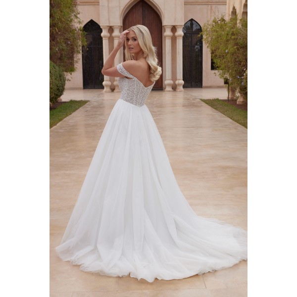 44441 Off-the-Shoulder Ball Gown with Beaded Bodice and Tulle Skirt