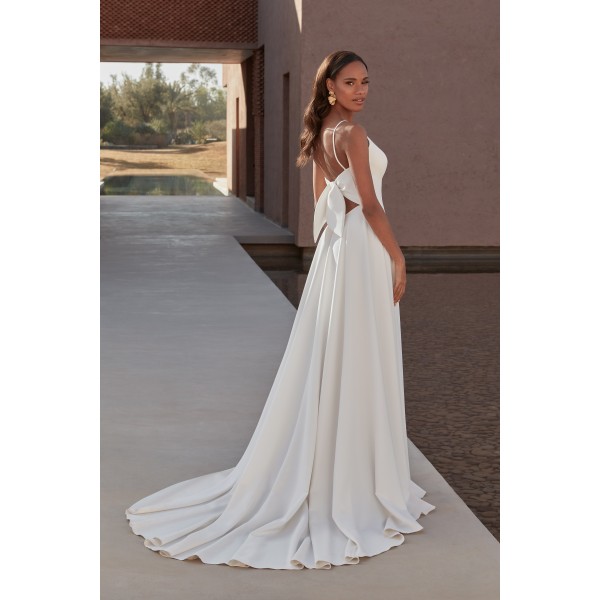 11312 Merrick  Crepe A-Line Gown with Keyhole Back and Bow