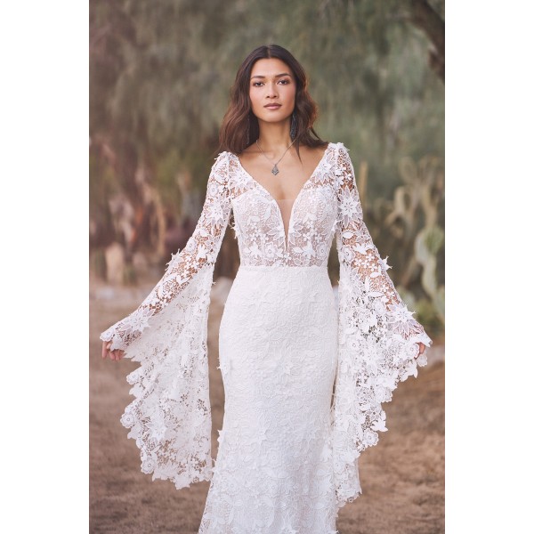 66325 Allover Lace Fit and Flare with Plunging V-Neck and Bell Sleeves